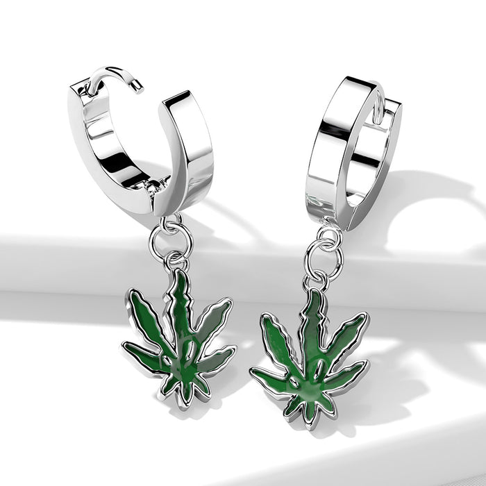 Pair of 316L Surgical Steel Hoop Earrings With Pot Leaf Epoxy Dangle