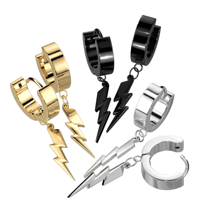 Pair of 316L Surgical Steel Hinged Hoop Earring With Lightning Bolt Dangle