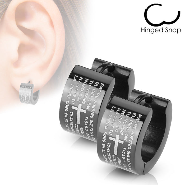 316L Surgical Steel Black Hinged Hoop Earrings With Lord's Prayer Padre Nuestro