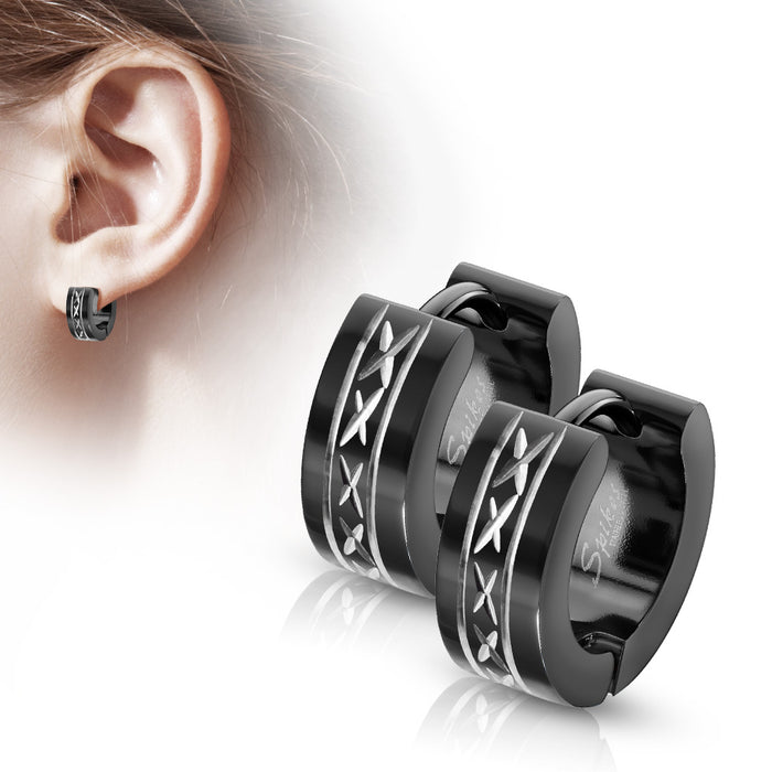 316L Surgical Steel Black Hinged Wide Hoop Earrings With Dia-Cut Grooved Center