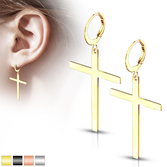 Pair of 316L Surgical Steel Hoop Earrings With Cross Dangle