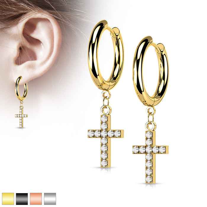 Pair of 316L Surgical Steel Hoop Earrings With CZ Paved Cross Dangle