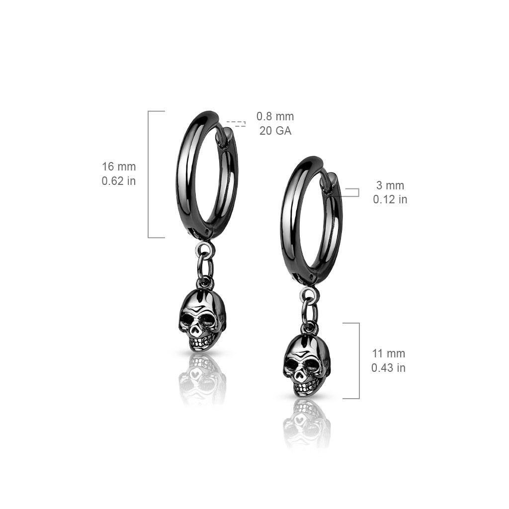 Pair of 316L Surgical Steel Hoop Earrings With Skull Dangle size chart