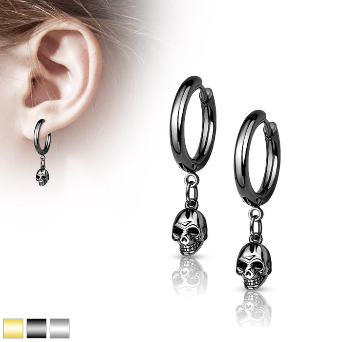 Pair of 316L Surgical Steel Hoop Earrings With Skull Dangle
