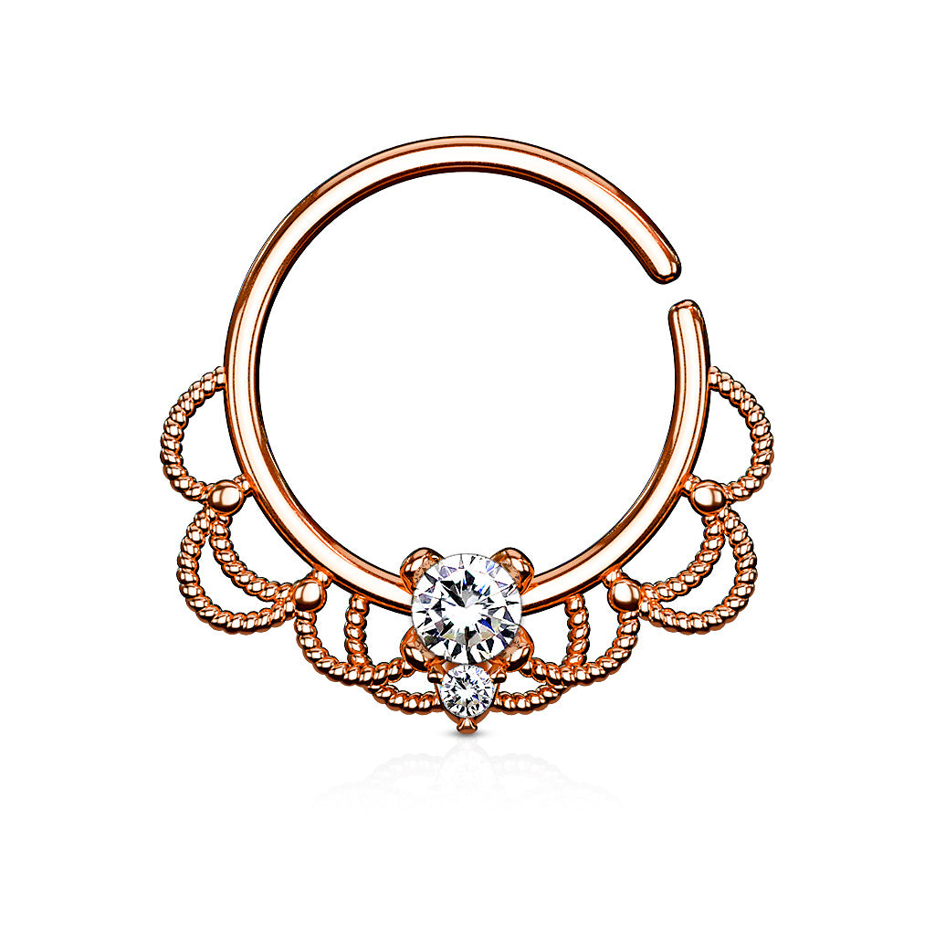 CZ Set Centered Filigree Bendable Hoop Rings for Nose Septum, Daith and Ear Cartilage - Rose Gold/Clear