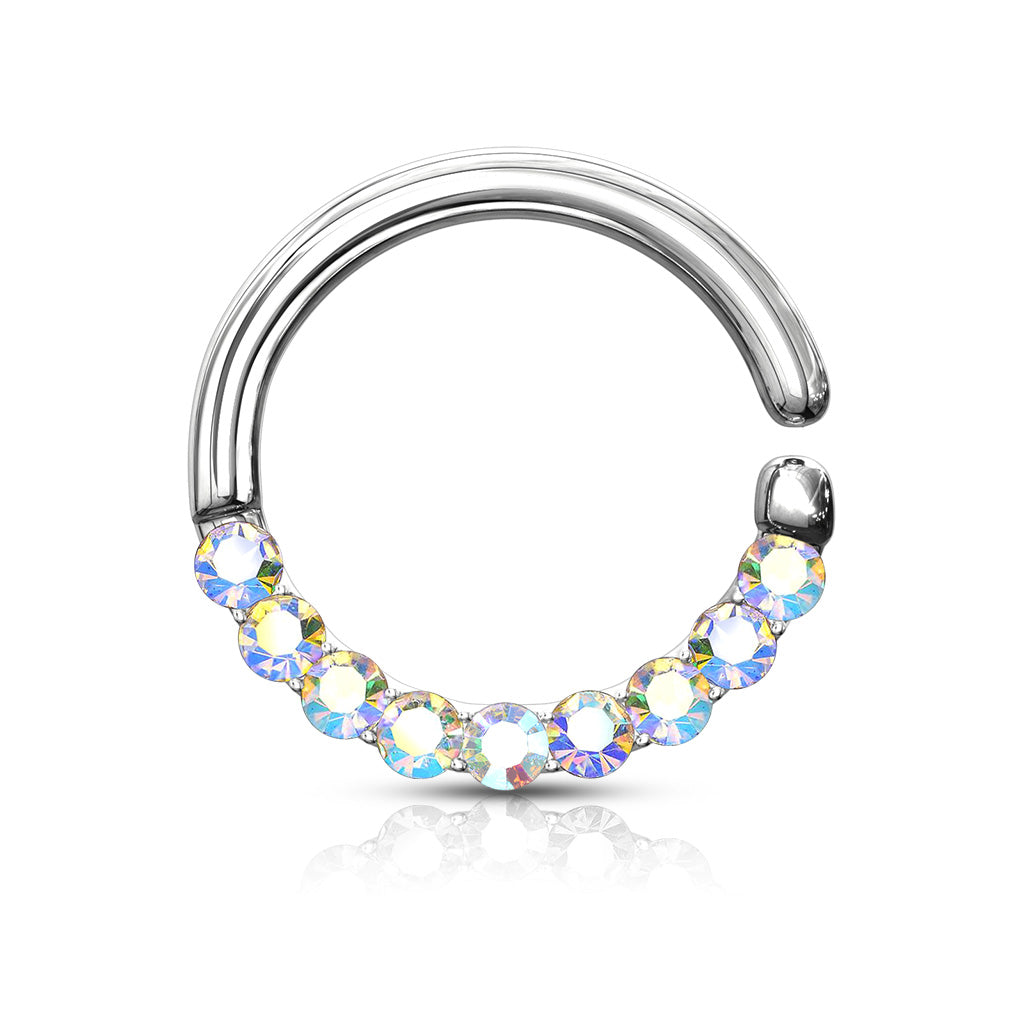 Half Circle Lined CZ Set Bendable Hoop Rings For Septum Ear Cartilage Daith And More - Platinum/Aurora Borealis