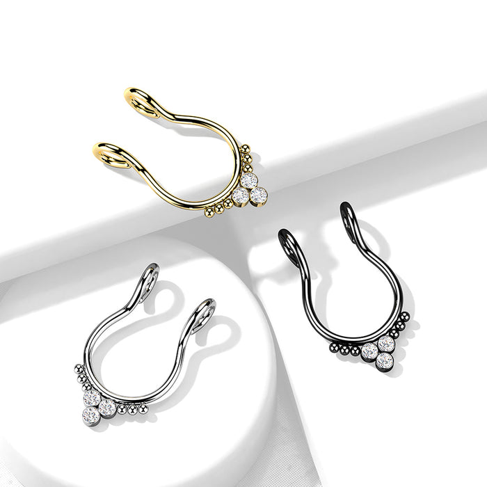 316L Surgical Steel Fake Septum Ring With 3 CZ Flat Balls And Beads