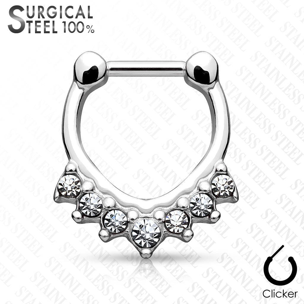 All Surgical Steel Septum Clicker with 7 Stone Set Chevron Design - Steel/Clear