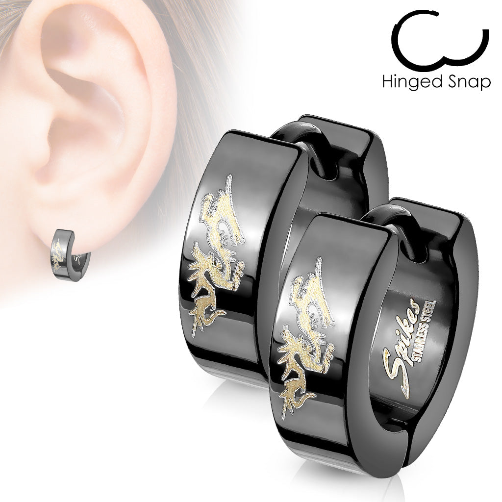 Pair of Dragon on Black Hinged Hoop Earring 316L Stainless - all colors