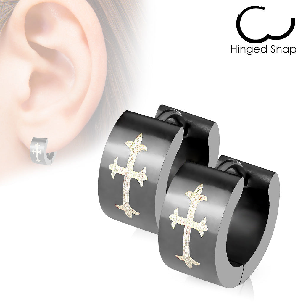 Pair of 316L Stainless Steel Black Hinged Wide Hoop Earring With Gothic Medieval Cross Print - all colors