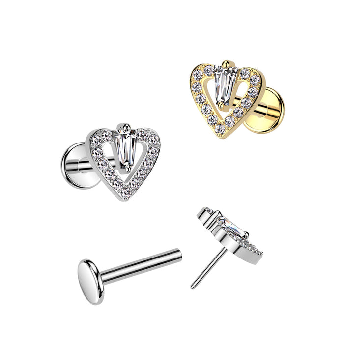 316L Surgical Steel Threadless Push In Flat Back Stud With CZ Pave Heart and Triangle CZ Center Top