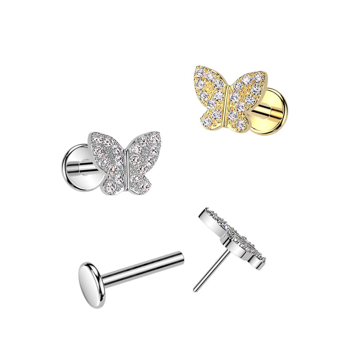 316L Surgical Steel Threadless Push In Flat Back Stud With CZ Butterfly Top