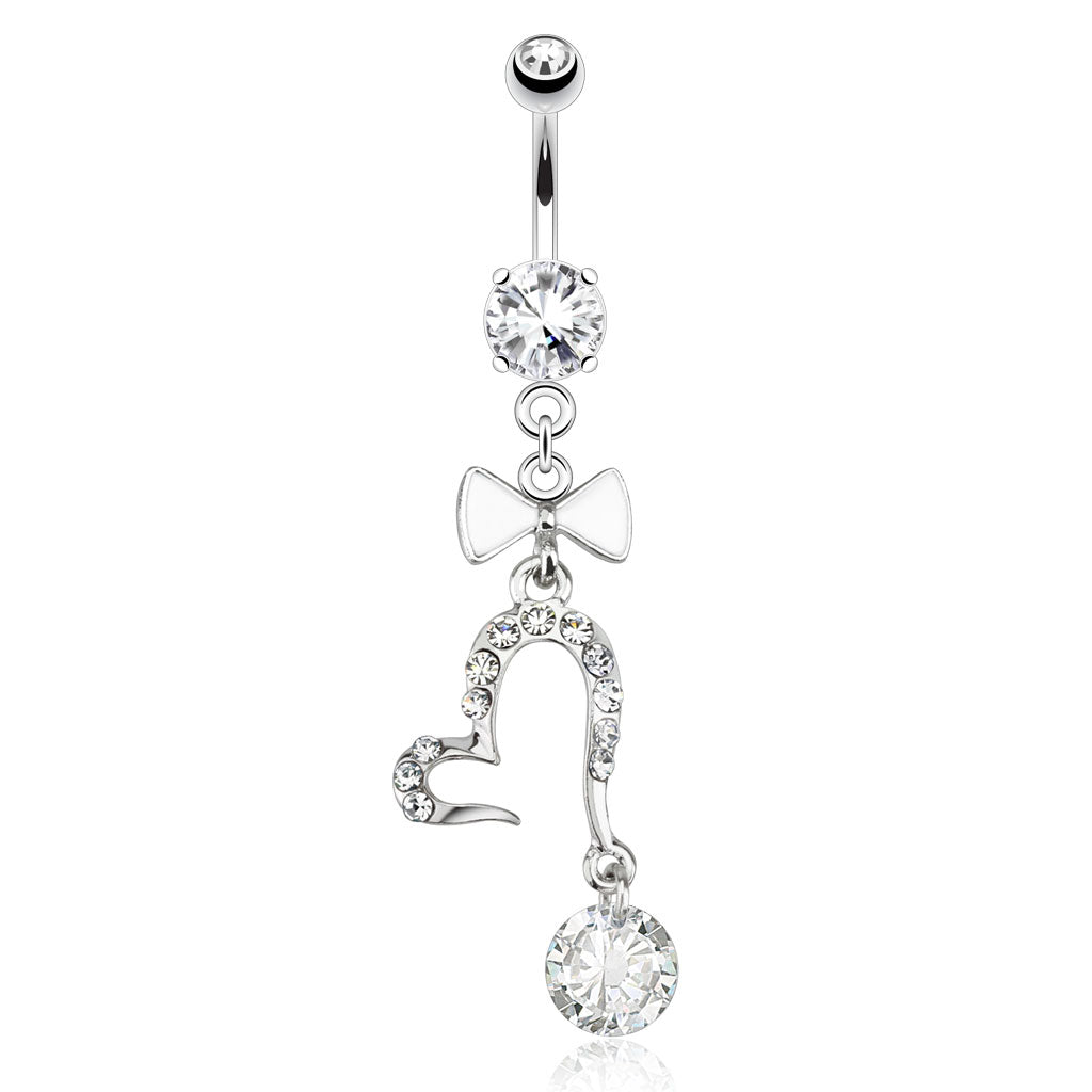 316L Surgical Steel Open Heart With Large Gem And White Enamel Bow Tie Dangle Belly Button Ring