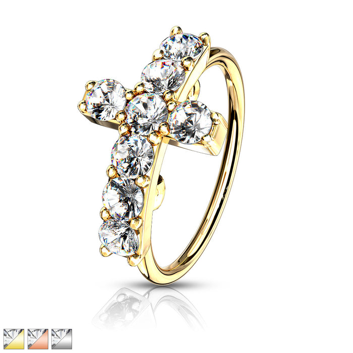 CZ Paved Cross Top 316L Surgical Steel Bendable Nose Hoop Rings