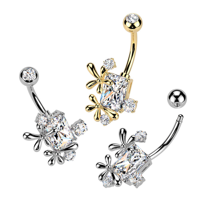 316L Surgical Steel CZ Rectangle With Flower and CZ Edge Belly Button Navel Ring
