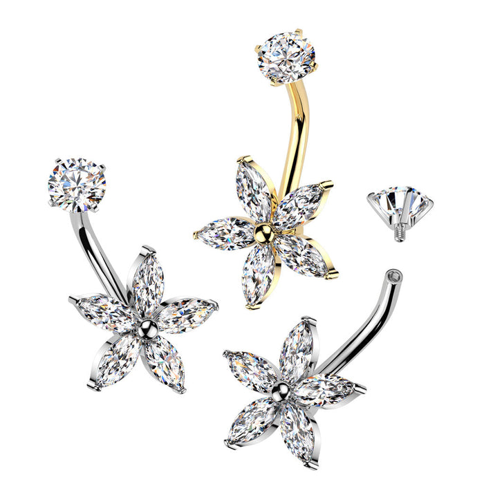 316L Surgical Steel Internally Threaded Marquise CZ Flower Belly Button Ring With Round CZ Prong Set Top