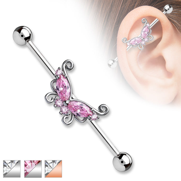 Marquise And Round CZ Butterfly 316L Surgical Steel Industrial Barbells