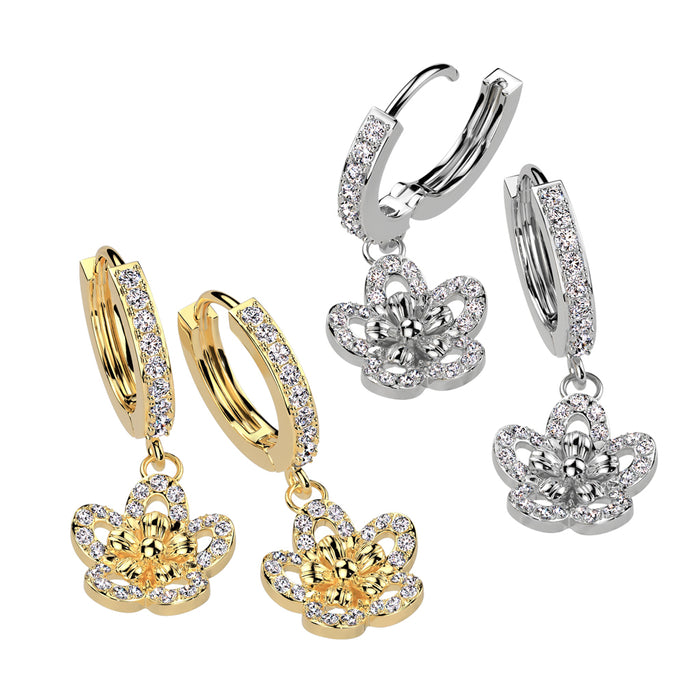 316L Pair Of Pave CZ Hoop Earrings With CZ Flower Dangle