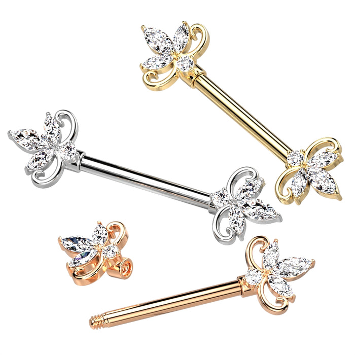 Double Heart Three Marquise CZ 316L Surgical Steel Nipple Barbell Ring