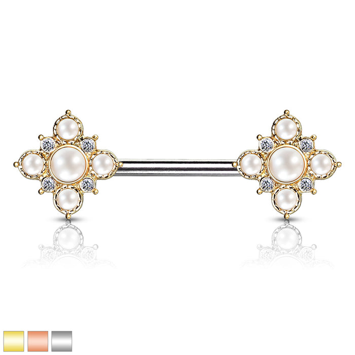 Pearl And Crystal Paved Gold Plated Vintage Square Flower Ends 316L Surgical Steel Barbell Nipple Rings