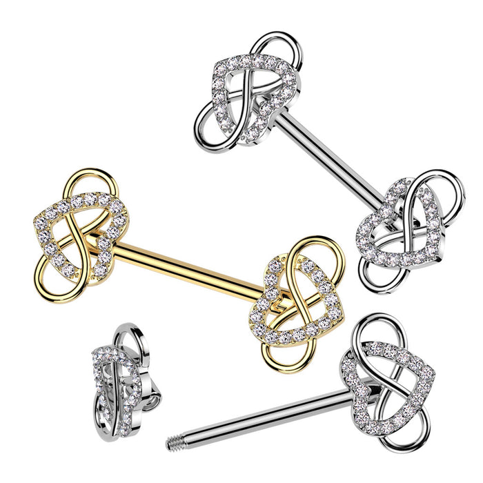 316L Surgical Steel Nipple Barbell With Cz Pave Hollow Heart And Infinity Ends