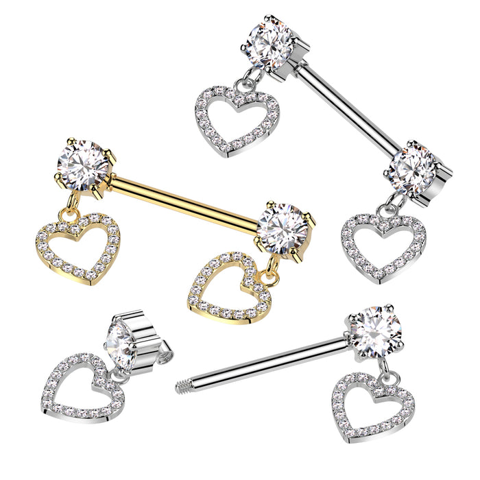 316L Surgical Steel Nipple Barbell With Round Prong Set Cz Ends And Cz Pave Hollow Heart Dangles
