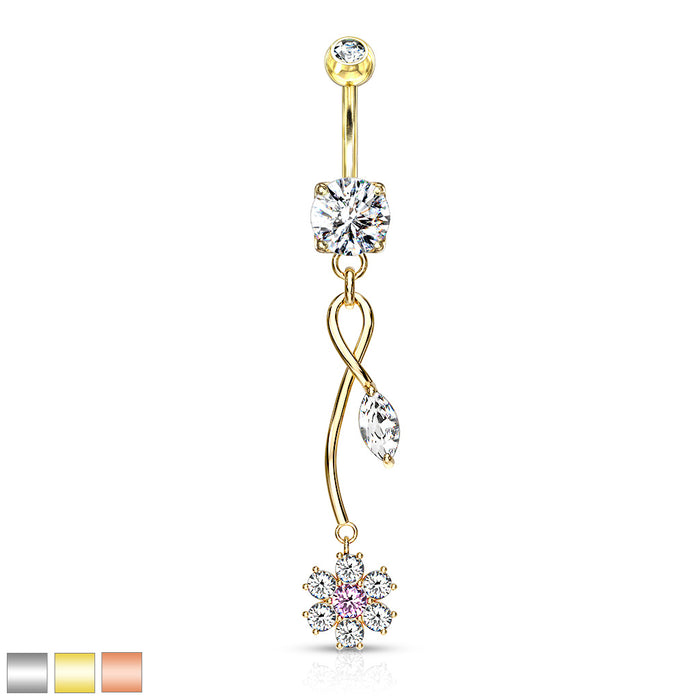 316L Surgical Steel CZ Flower With Pink CZ Center And Marquise CZ Leaf On Vine Dangle Belly Button Ring