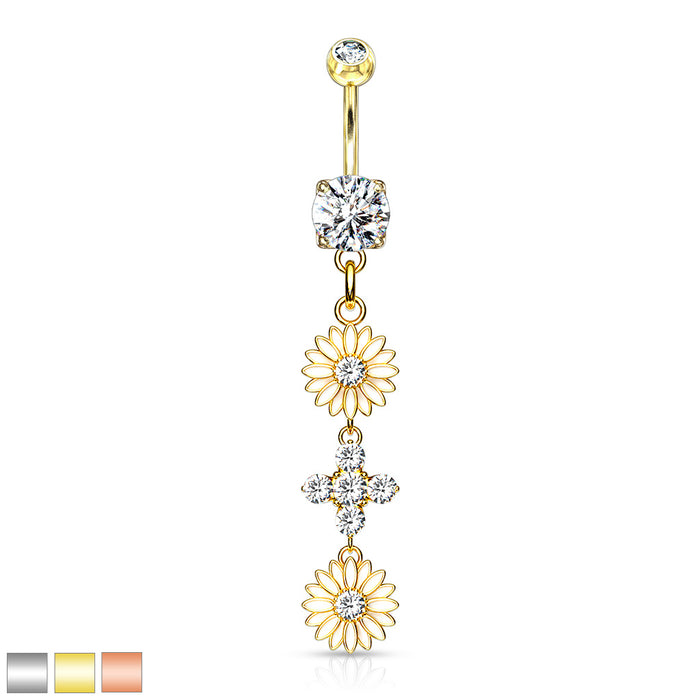 316L Surgical Steel Double Enamel Flower With CZ Center And 4 CZ Flower Dangle Belly Button Ring