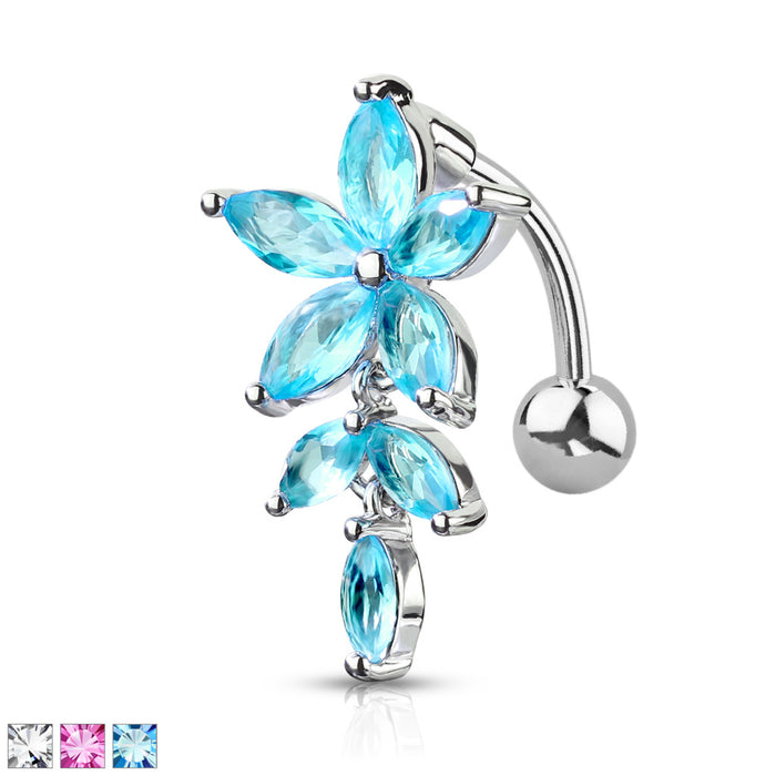 316L Surgical Steel Marquise CZ Flower With Marquise CZ Vines Top Drop Belly Button Ring