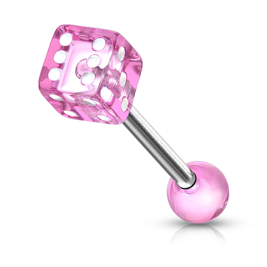 14ga Barbell W/ 1 Acrylic Dice End - Pink