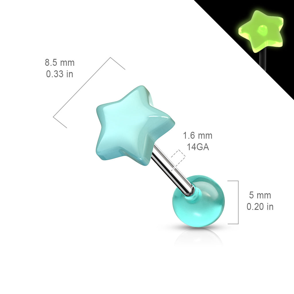 Star Glow in the Dark Top 316L Surgical Steel Barbell size chart