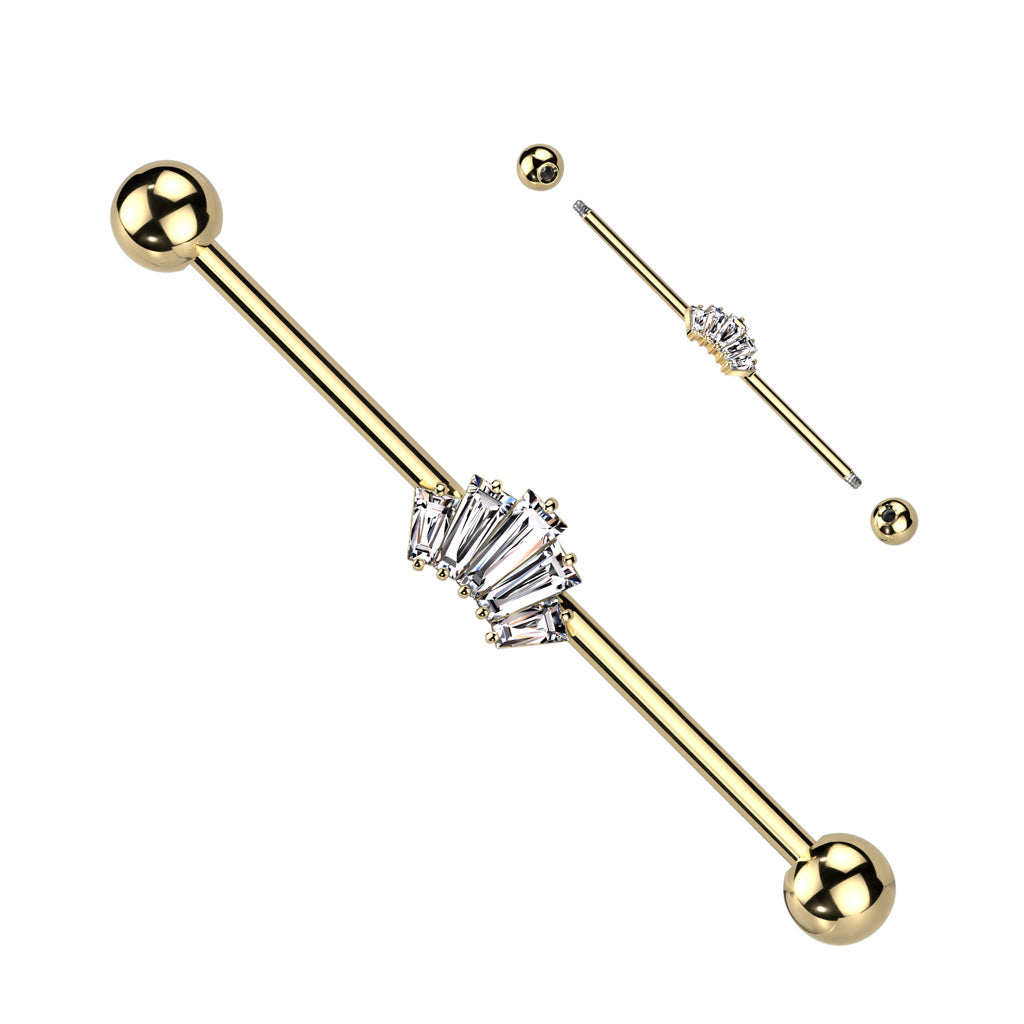 316L Surgical Steel Baguette CZ Crown Industrial Barbell - Gold/Clear