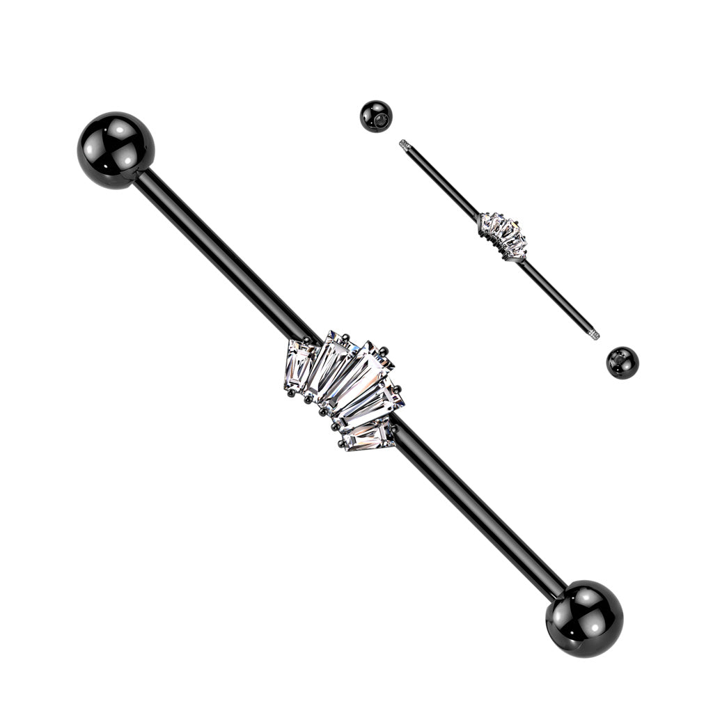 316L Surgical Steel Baguette CZ Crown Industrial Barbell - Black/Clear