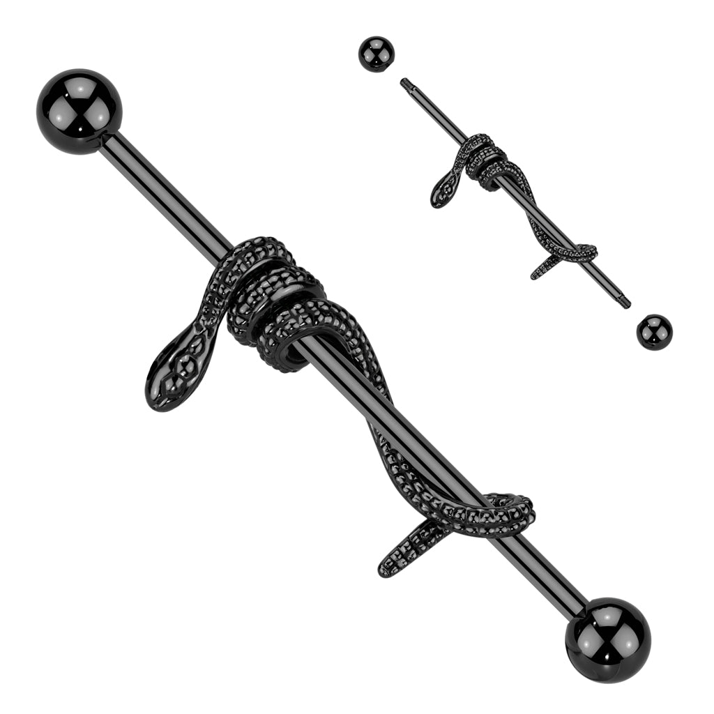 316L Surgical Steel Industrial Barbell With Snake Wrapped Bar - Black