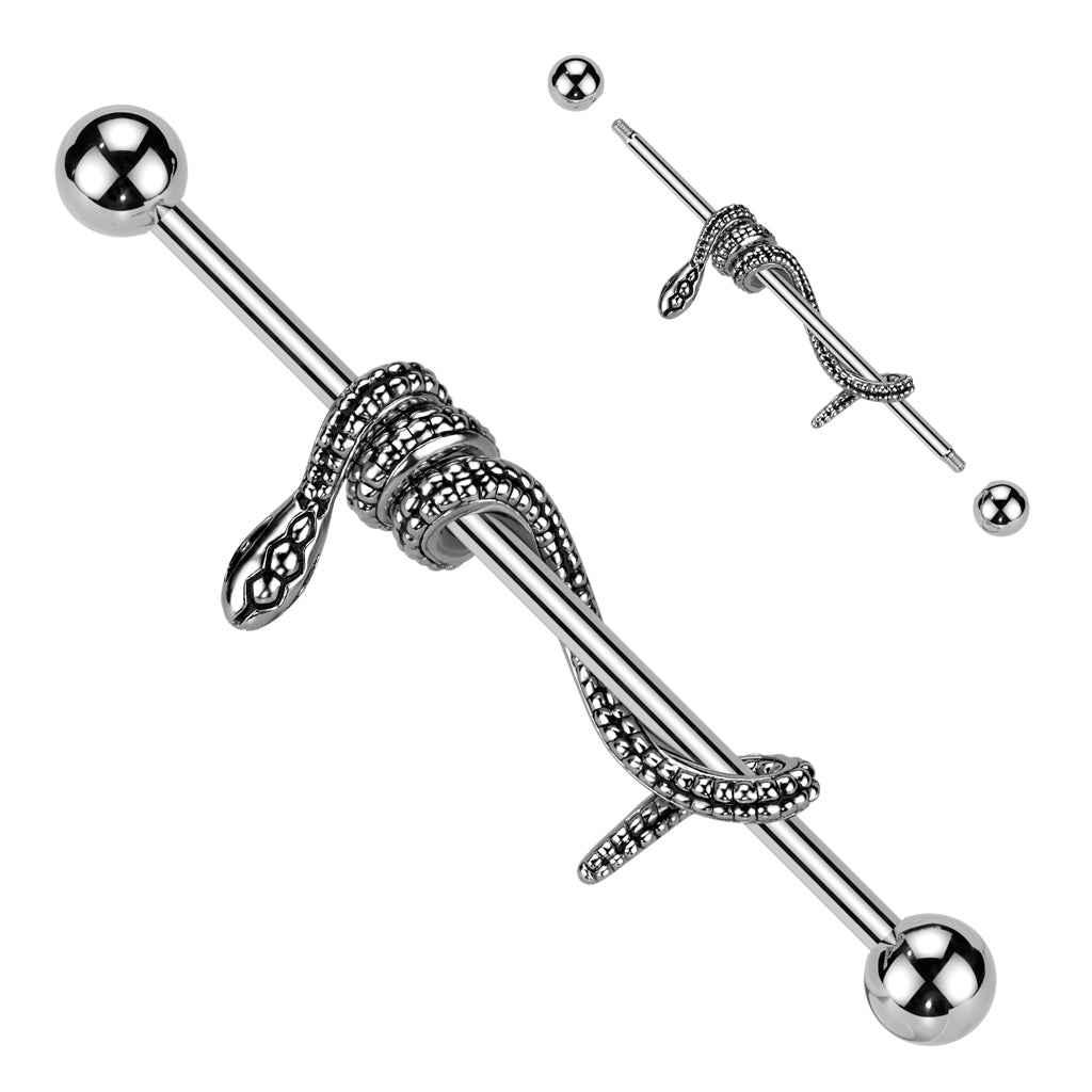 316L Surgical Steel Industrial Barbell With Snake Wrapped Bar - Steel