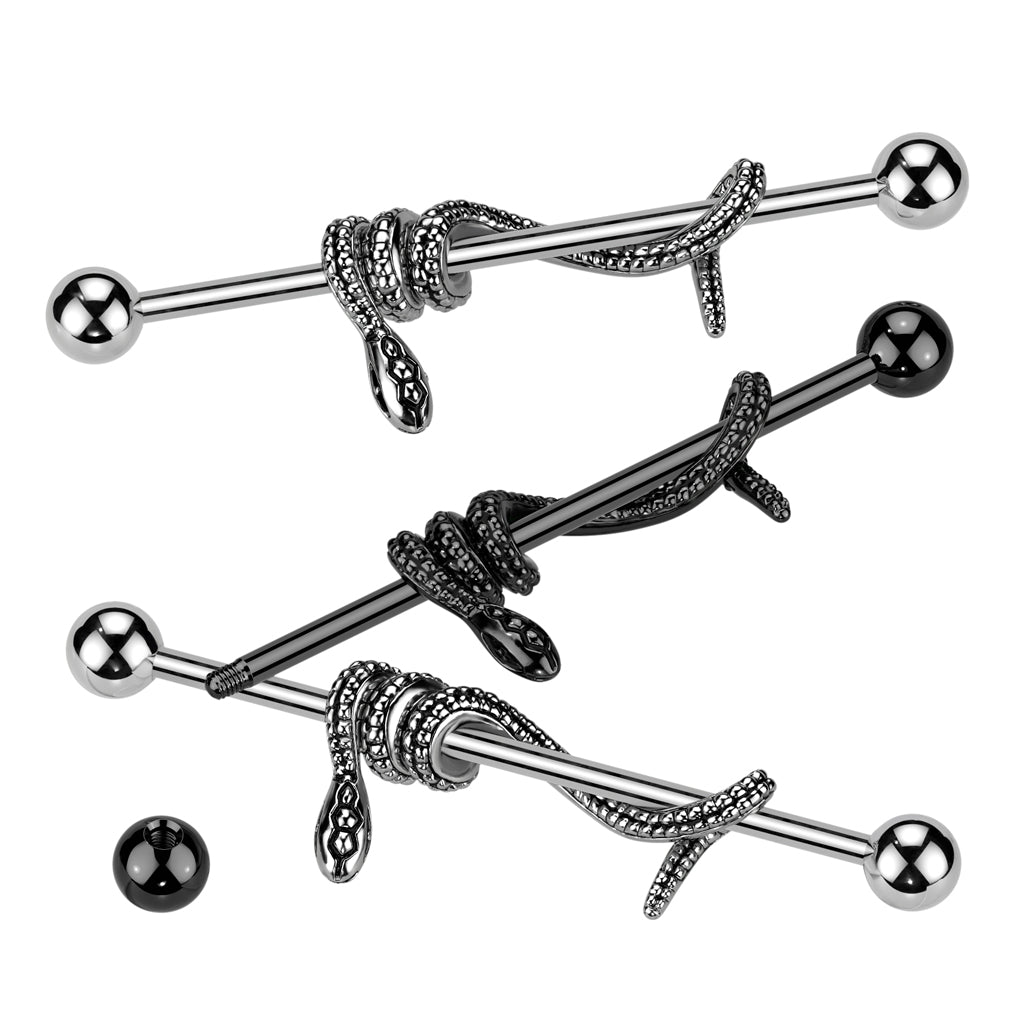 316L Surgical Steel Industrial Barbell With Snake Wrapped Bar - all colors