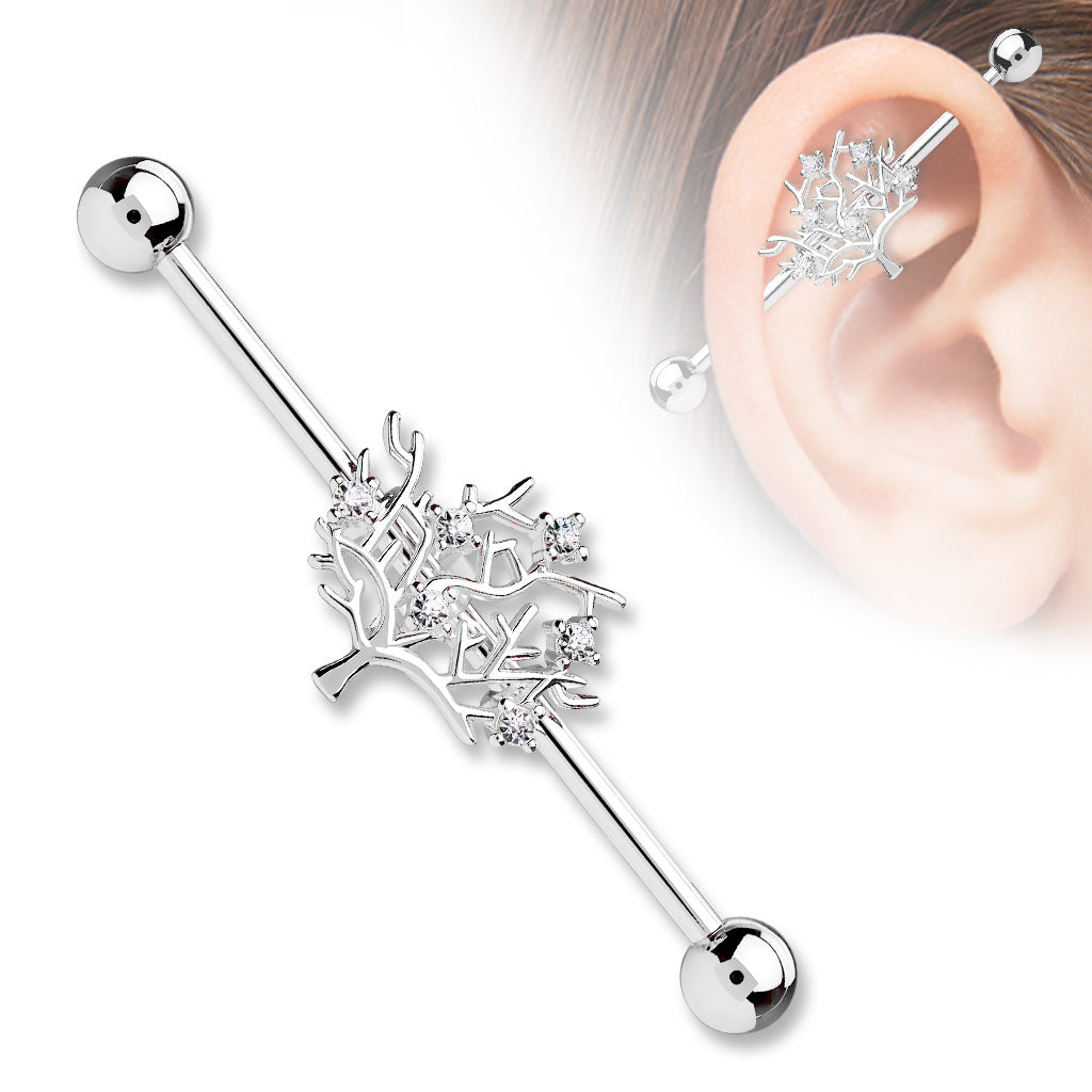 CZ Set Tree of Life 316L Surgical Steel Industrial Barbells - Clear