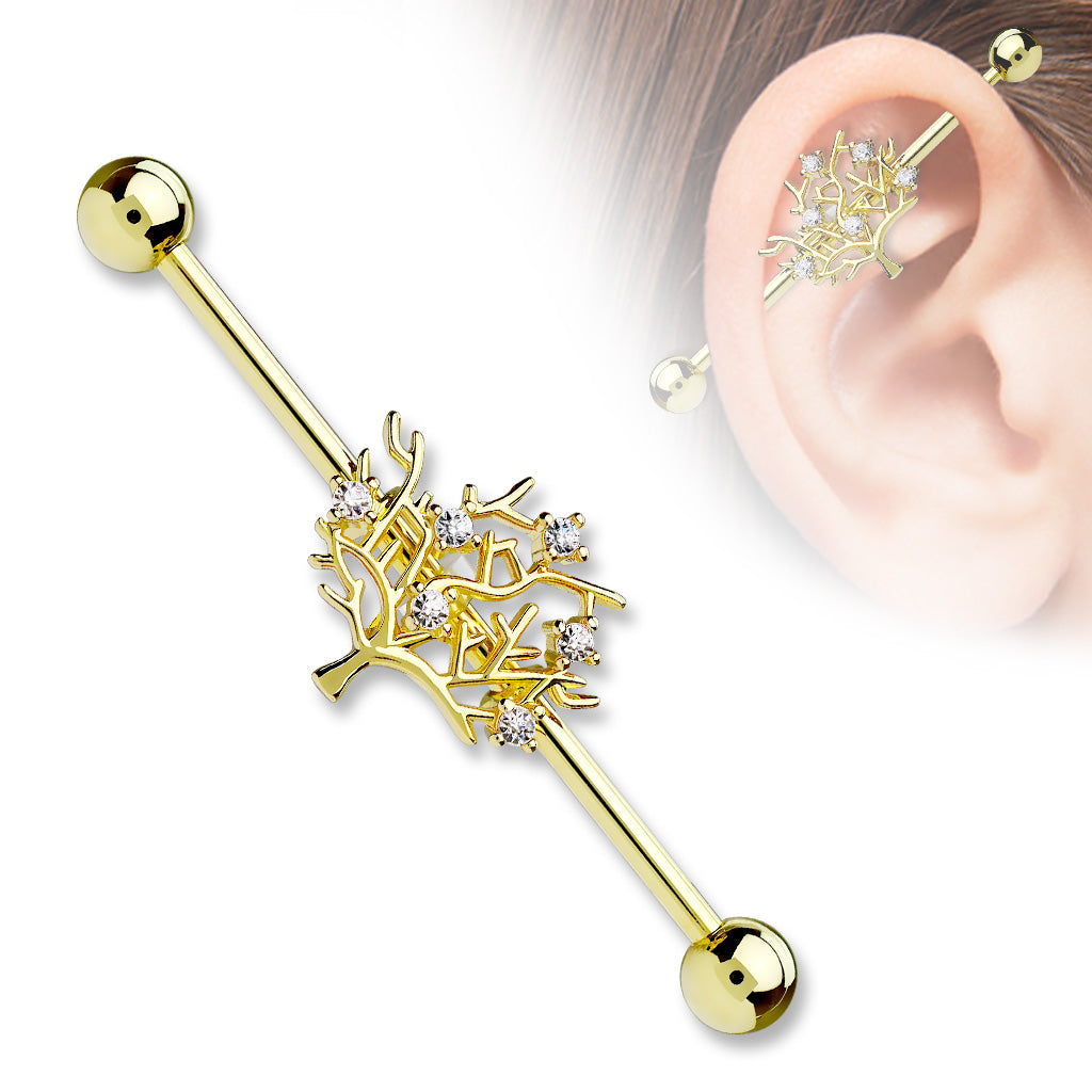 CZ Set Tree of Life 316L Surgical Steel Industrial Barbells - Gold/Clear