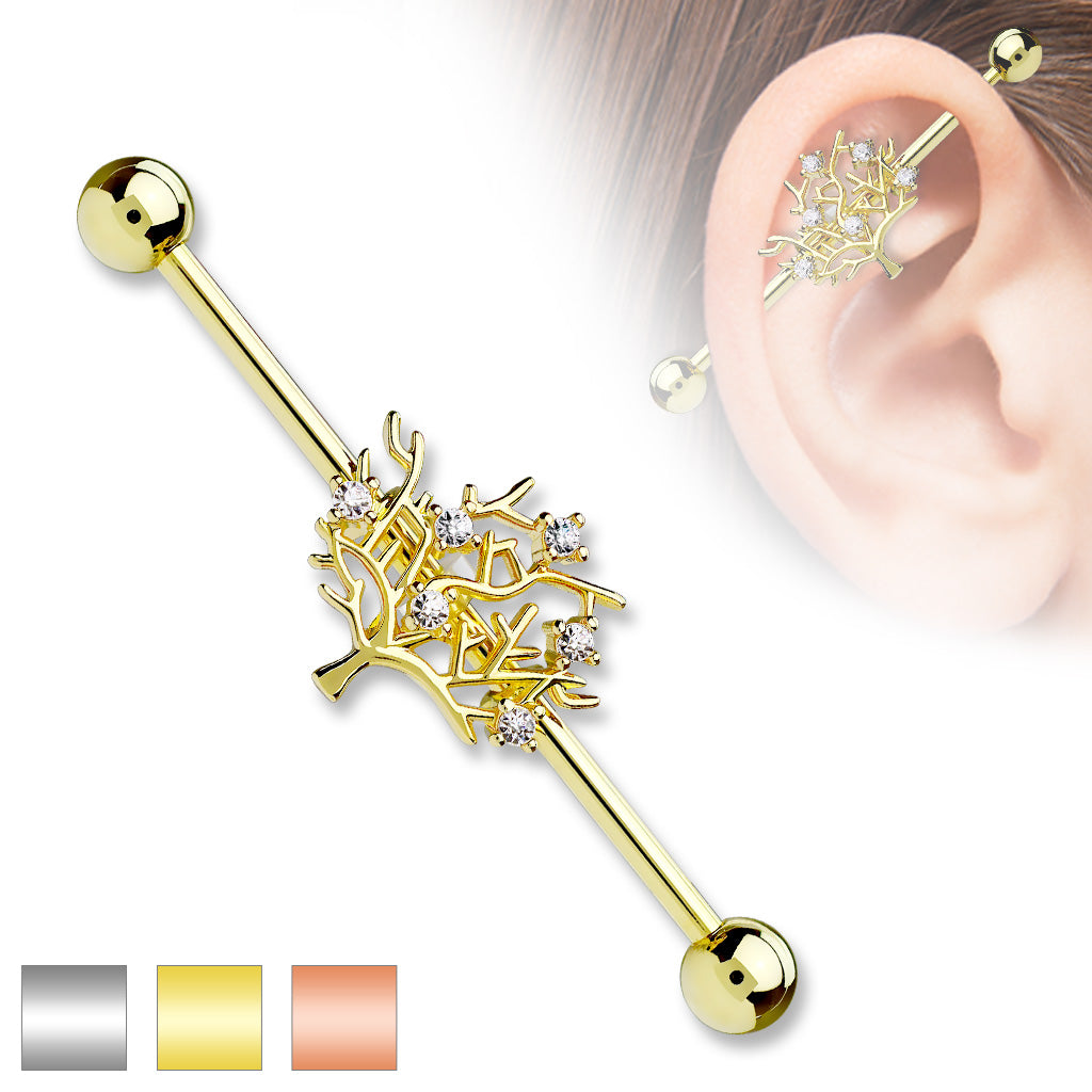 CZ Set Tree of Life 316L Surgical Steel Industrial Barbells - all colors