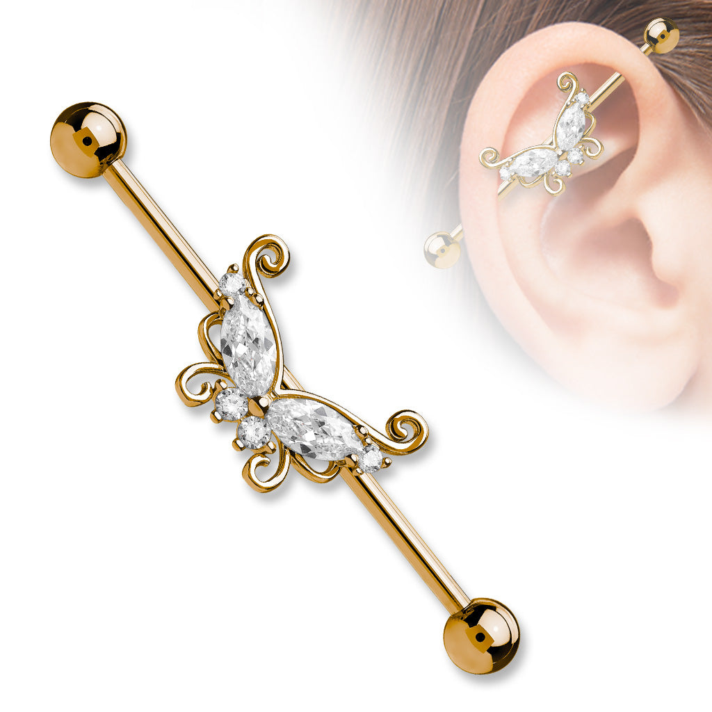 Butterfly CZ Industrial Barbell - Rose Gold/Clear
