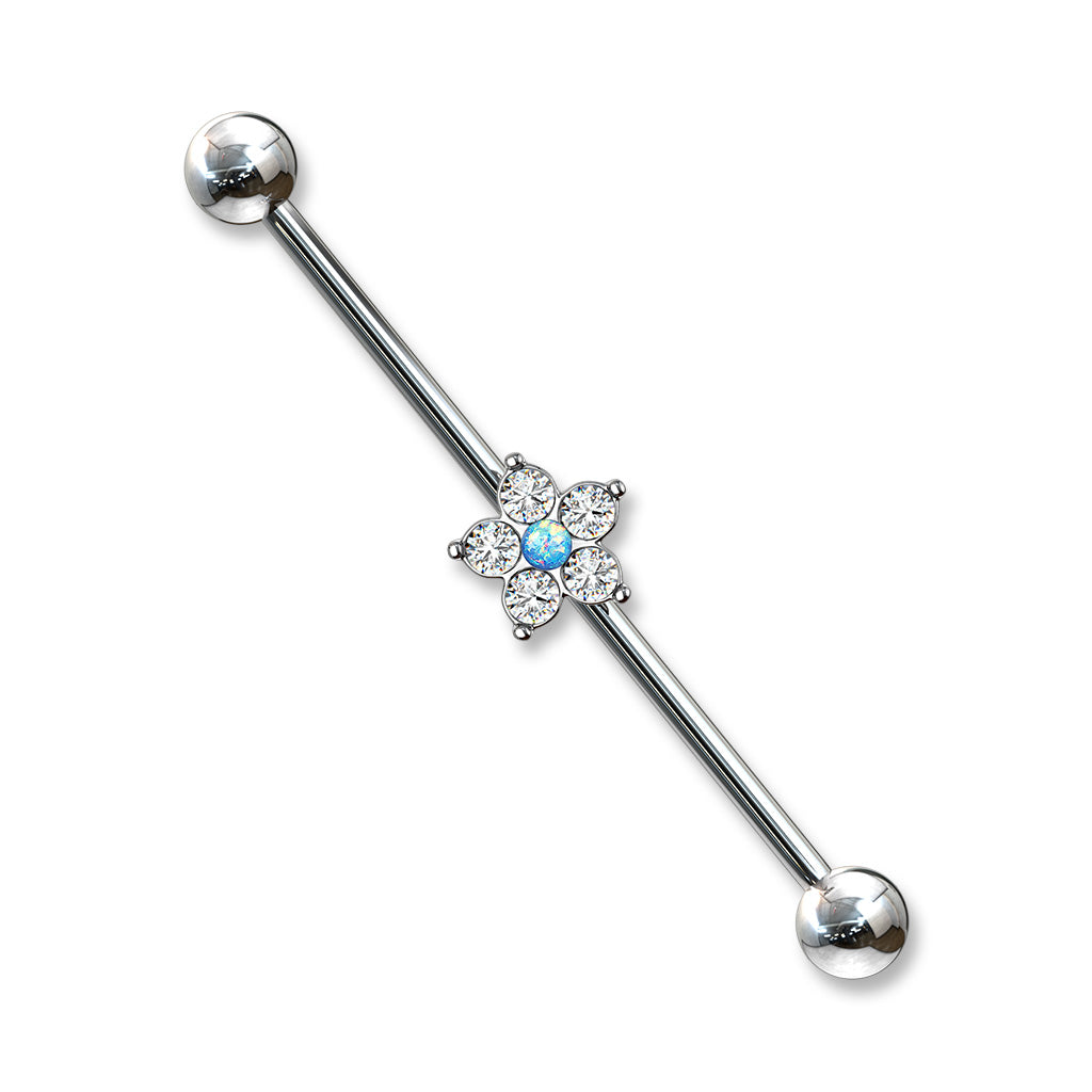5 CZ Flower with Opal Glitter Center 316L Surgical Steel Industrial Barbells - Blue