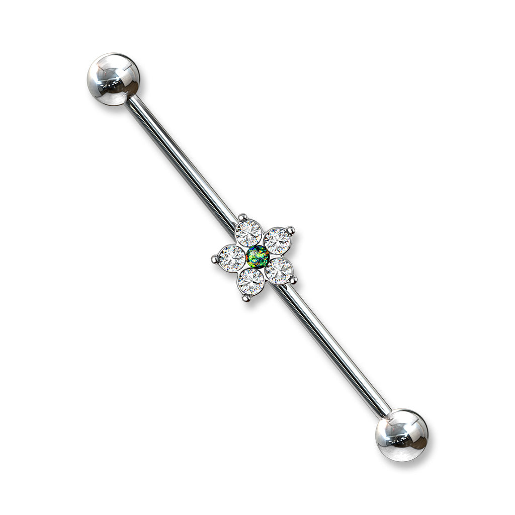 5 CZ Flower with Opal Glitter Center 316L Surgical Steel Industrial Barbells - Dark Green