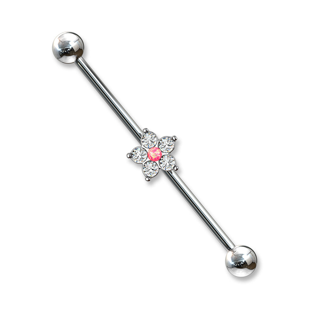 5 CZ Flower with Opal Glitter Center 316L Surgical Steel Industrial Barbells - Pink