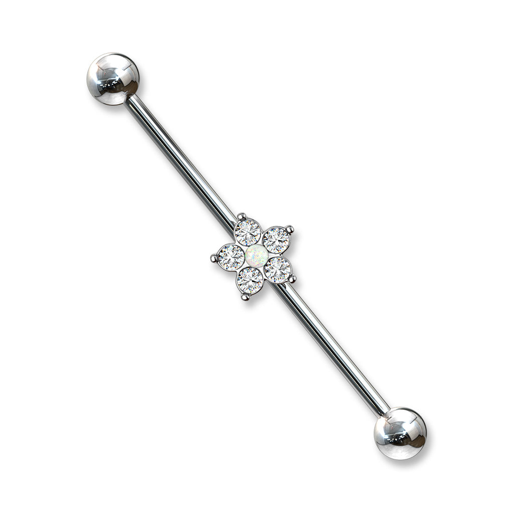 5 CZ Flower with Opal Glitter Center 316L Surgical Steel Industrial Barbells - White