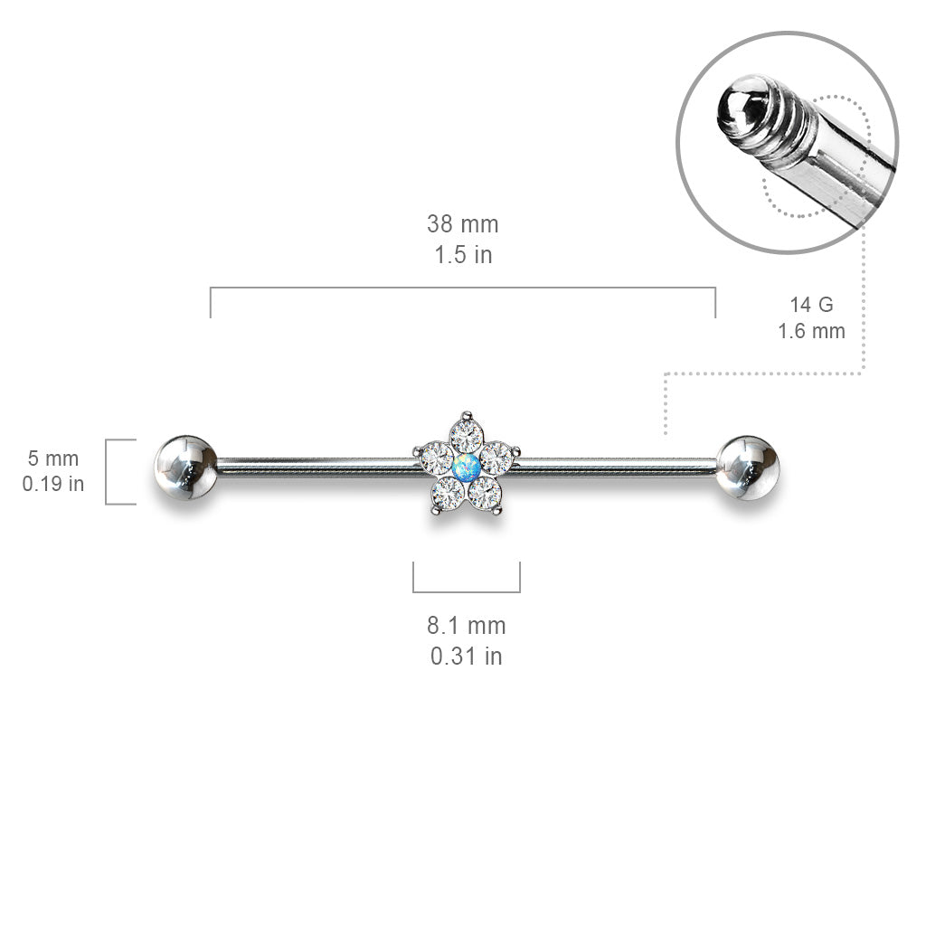 5 CZ Flower with Opal Glitter Center 316L Surgical Steel Industrial Barbells size chart