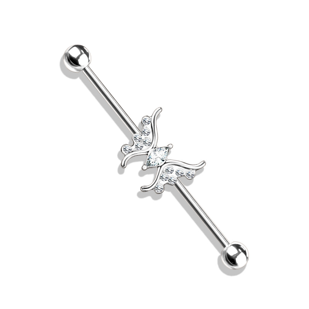 Marquise Crystal Center Crystal Paved Butterfly 316L Surgical Steel Industrial Barbell - Clear