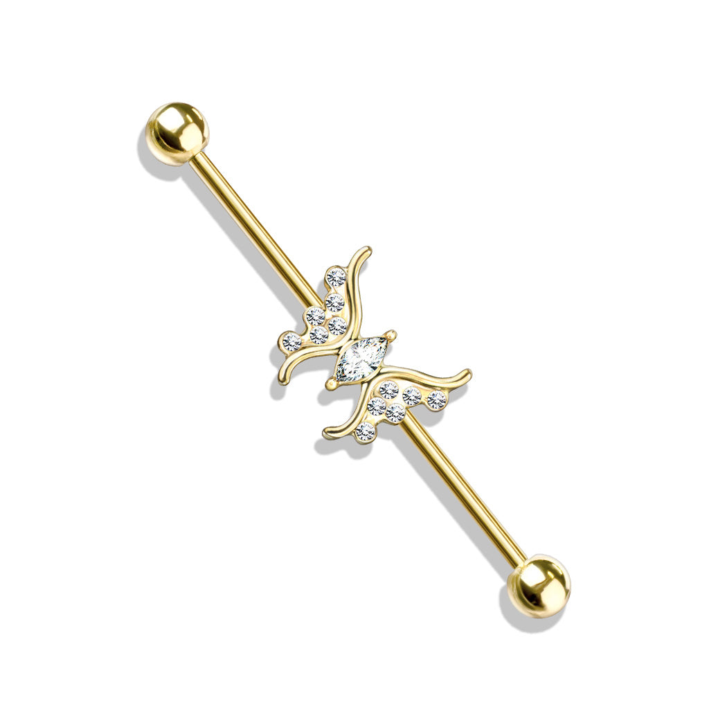 Marquise Crystal Center Crystal Paved Butterfly 316L Surgical Steel Industrial Barbell - Gold/Clear
