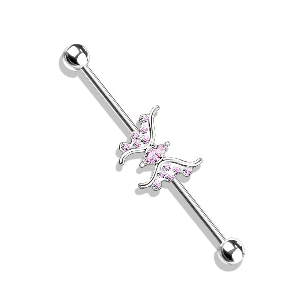 Marquise Crystal Center Crystal Paved Butterfly 316L Surgical Steel Industrial Barbell - Pink