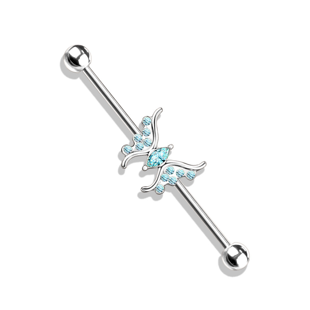 Marquise Crystal Center Crystal Paved Butterfly 316L Surgical Steel Industrial Barbell - Aqua