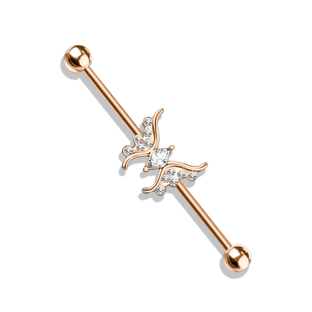 Marquise Crystal Center Crystal Paved Butterfly 316L Surgical Steel Industrial Barbell - Rose Gold/Clear